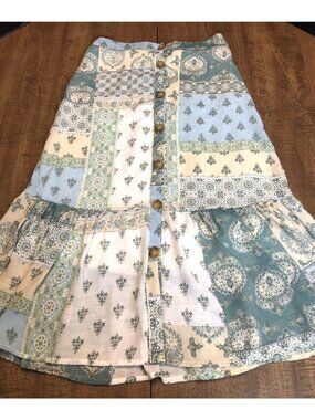 Mlle Gabrielle Skirt MED Paisely Patchwork A-line Button Front Cottagecore Boho
